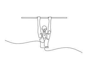 Continuous line drawing of a woman performing pull-ups on a bar, showcasing fitness, strength, and minimalistic art style.