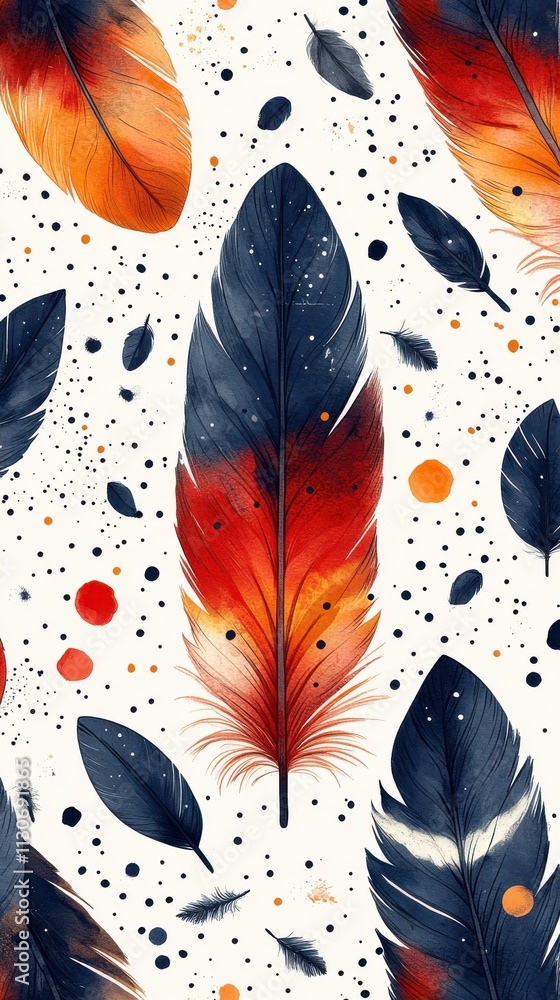 Poster a vibrant pattern featuring colorful feathers and abstract elements on a light background.