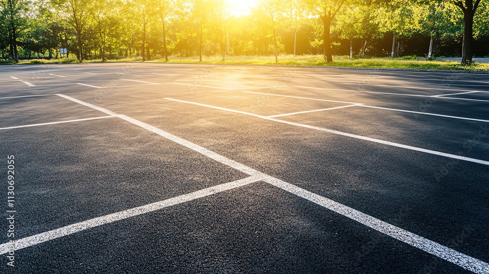 Poster an empty parking lot with trees in the background at sunset.