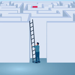 A man carrying a ladder to climb up the maze. Illustration for breaking the rules, freedom, innovation, and thinking outside the box.