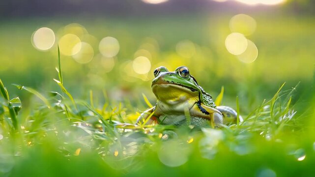 Close-up of a green frog Rana esculenta sitting in lush grass with a vibrant, blurred background, showcasing natural wildlife.