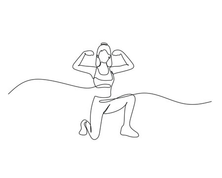 recommend clip art: Continuous line drawing of a woman kneeling on one knee, flexing her biceps in a strong pose, symbolizing strength and fitness.