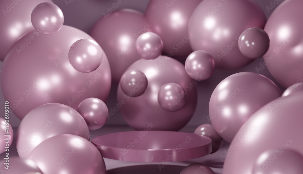 Aufkleber 3d deep ruby red product presentation background. red floating cylinder platform with floating ballo
