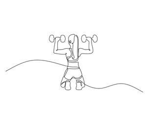 Minimalist continuous line drawing of a woman lifting dumbbells, showcasing strength and fitness. Perfect for health, exercise, and wellness themes.