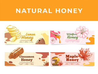 Fototapeta premium Natural honey lemon wildflower cinnamon maple label set engraved vector illustration