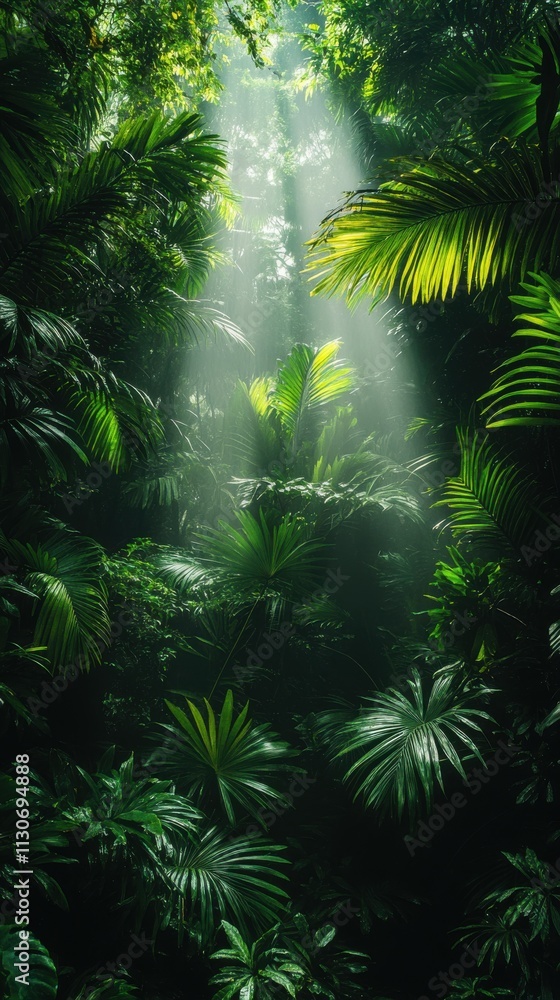 Poster lush jungle with sunlight filtering through dense foliage, creating a serene atmosphere.