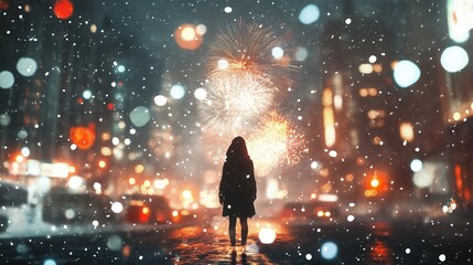Solitary Figure in a Snowy Cityscape with Fireworks at Night