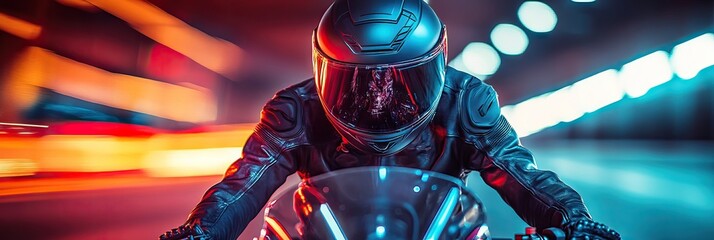 Night ride: motorcyclist in black gear speeding forth