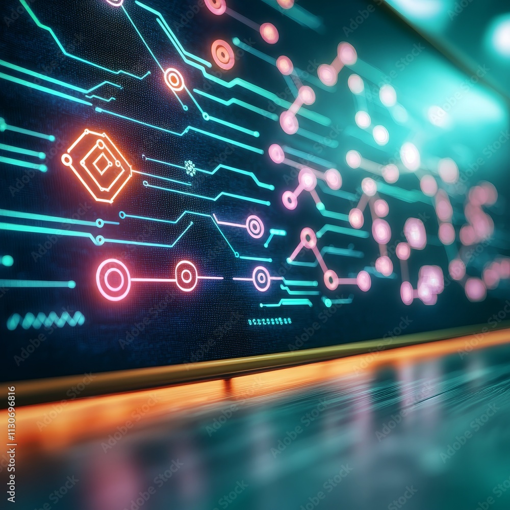 Poster quantum computing education concept. abstract digital circuit background with glowing elements.
