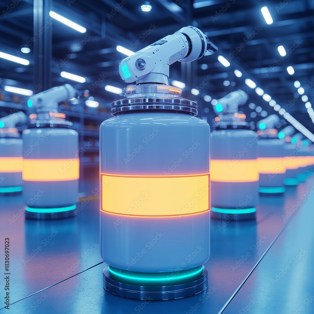 Poster healthcare supply chain. automated production line with robotic arm and containers.