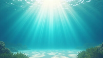 Naklejka premium Scene of the bottom of the sea with sun rays, sunbeams penetrating water surface, vibrant turquoise water