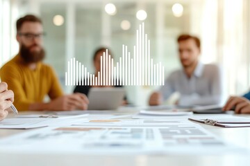 Tax policies with small businesses. Business meeting with soundwave graphic overlay.