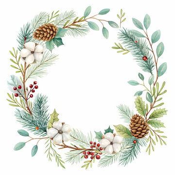 christmas frame made with natural pine cones green fir branches and festive ornaments arranged around the edges on a clean white background