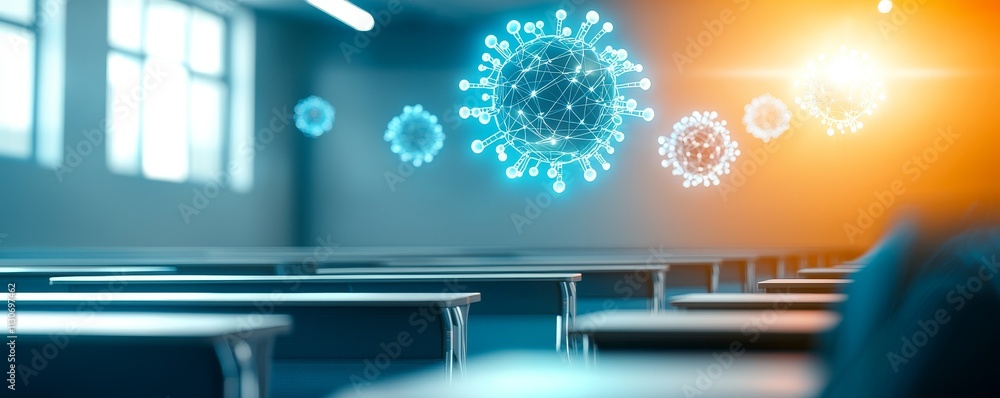 Aufkleber quantum computing education concept. classroom with floating digital virus representations.