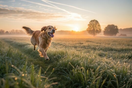 Golden retriever joyfully running in dewy morning field at sunrise.