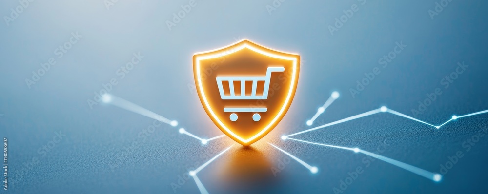 Poster e-commerce platform security concept. digital shopping security concept with a cart and shield.