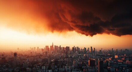 Global warming and pollution in crisis. Dramatic sunset over a city skyline with dark clouds.