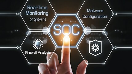 businessman pressing virtual button SOC, security operation center. cloud computing concept, cloud technology, Saas, Paas, Iaas. AWS Services
