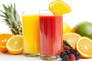 Fototapeta premium Colorful tropical juice blend served in a tall glass, garnished with a pineapple slice and orange twist. Surrounded by fresh fruits like citrus and berries, adding a fun and refreshing touch to any oc