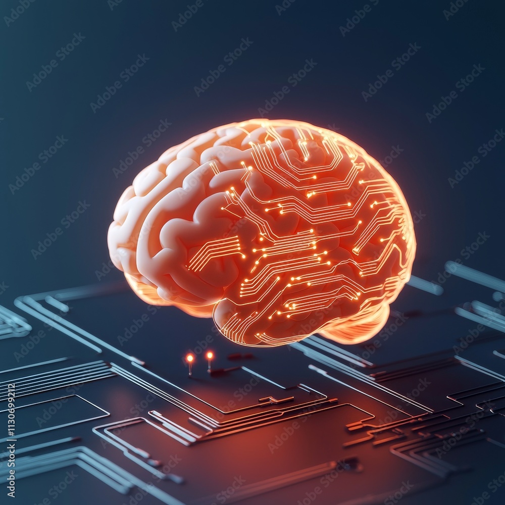 Poster quantum computing education concept. futuristic brain on a circuit board with glowing connections