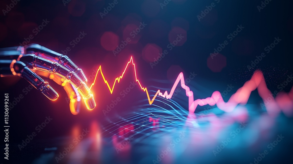 Poster ai investment disruption concept. futuristic hand interacting with digital data visualization.