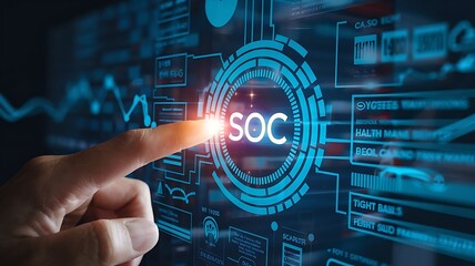 businessman pressing virtual button SOC, security operation center. cloud computing concept, cloud technology, Saas, Paas, Iaas. AWS Services
