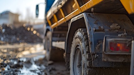 Dirty dump truck leaving muddy construction site at sunset