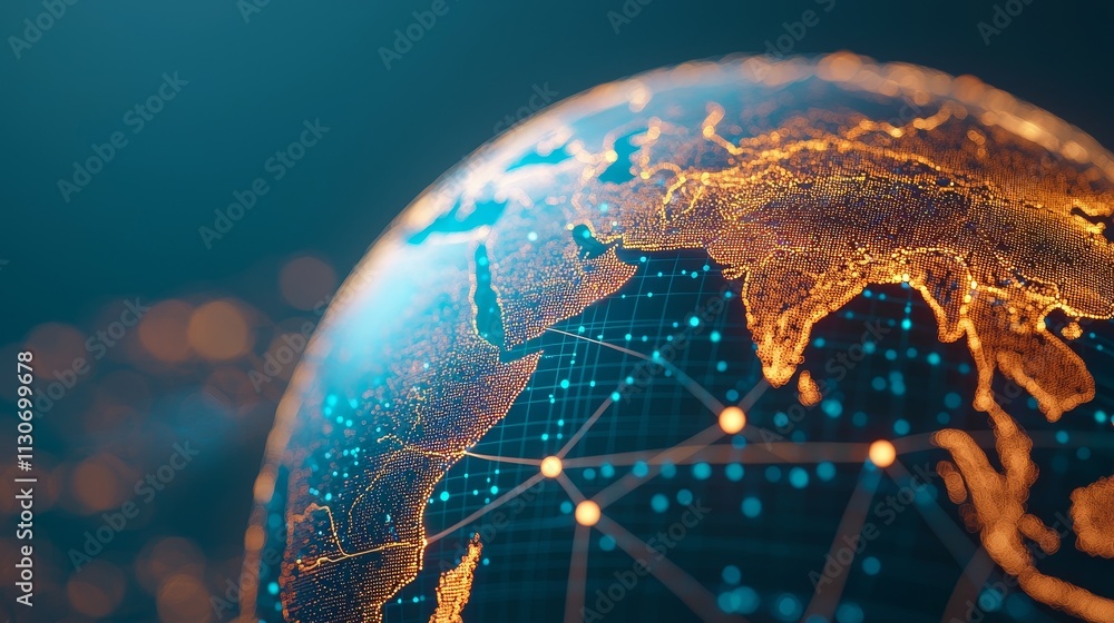 Poster connection of ecosystem strategy. glowing globe with network connections and bright continents