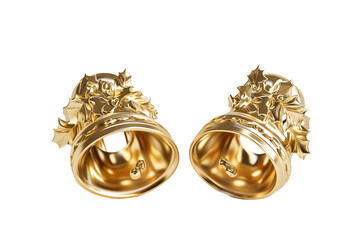3D clip art featuring Christmas golden bells with holly, creatively designed for versatile holiday themes.