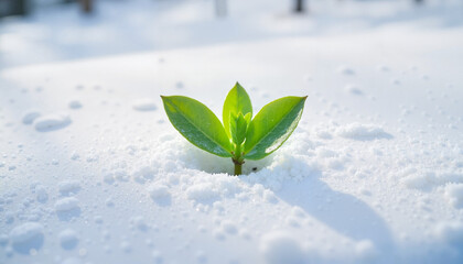 Single Green Sprout Emerging Through Pristine White Snow. A Symbolic Scene Representing New Beginnings, Growth, and Hope
