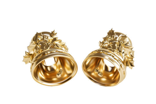 3D clip art featuring Christmas golden bells with holly, creatively designed for versatile holiday themes.