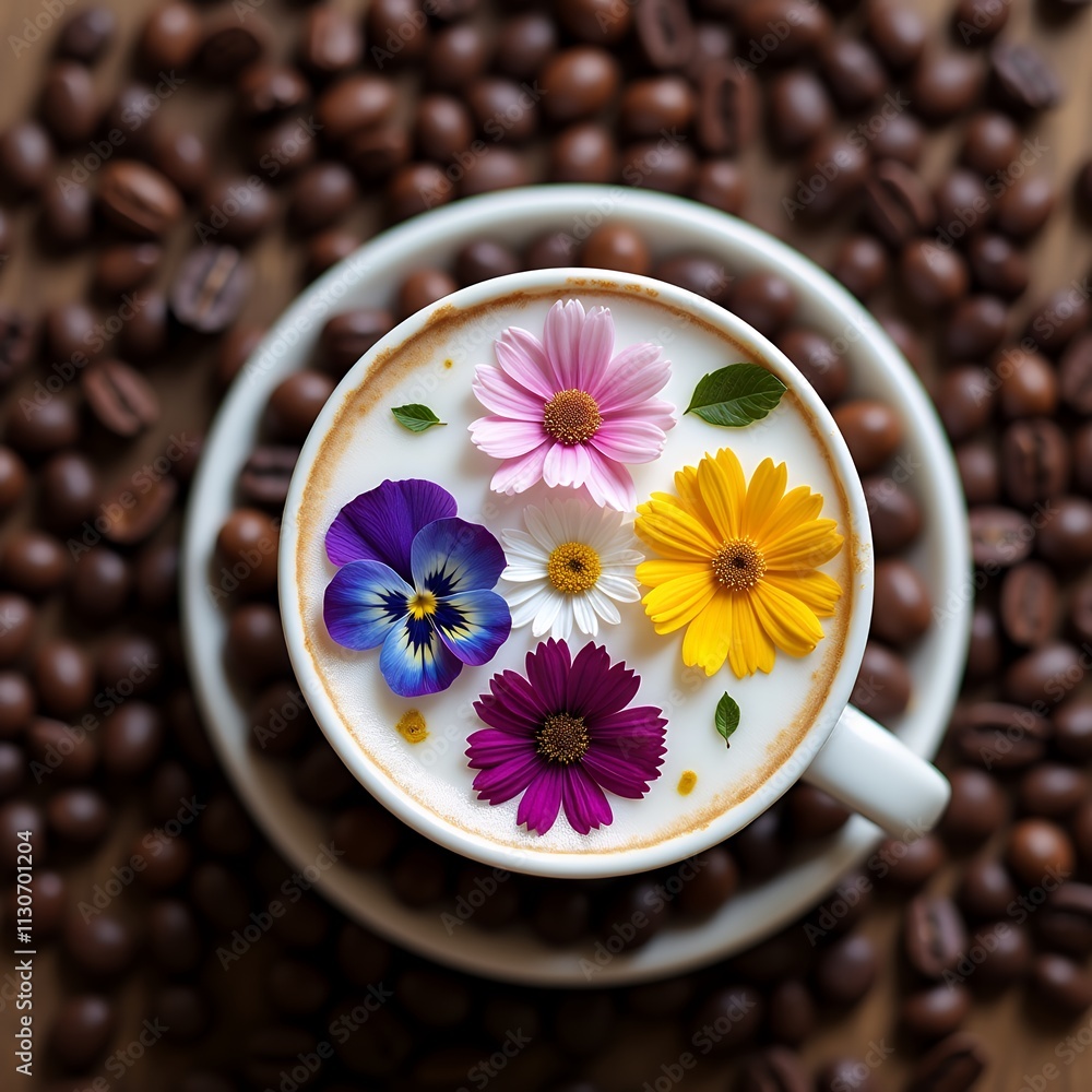 Poster cup of coffee with beans and flowers