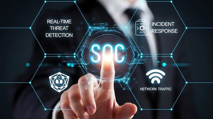 businessman pressing virtual button SOC, security operation center. cloud computing concept, cloud technology, Saas, Paas, Iaas. AWS Services
