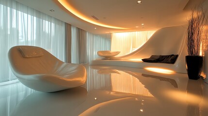 A futuristic, minimalist living room with white walls, floors, and furniture.