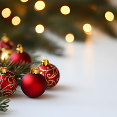 Fototapeta premium Christmas card with red & gold christmas decorations on white background. New Year lights