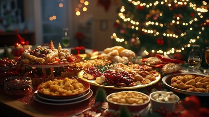 Fototapeta premium Christmas dinner table with food and tree in background
