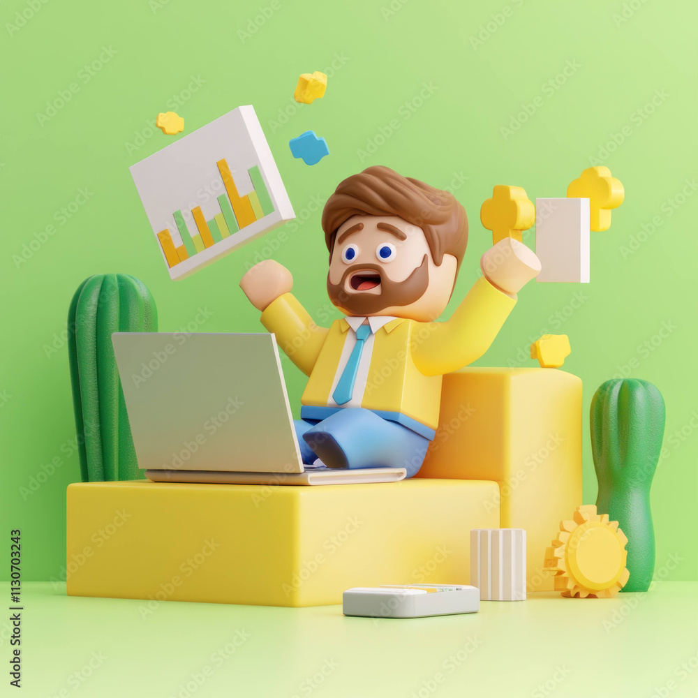 Poster cheerful marketer analyzing data on laptop in vibrant setting