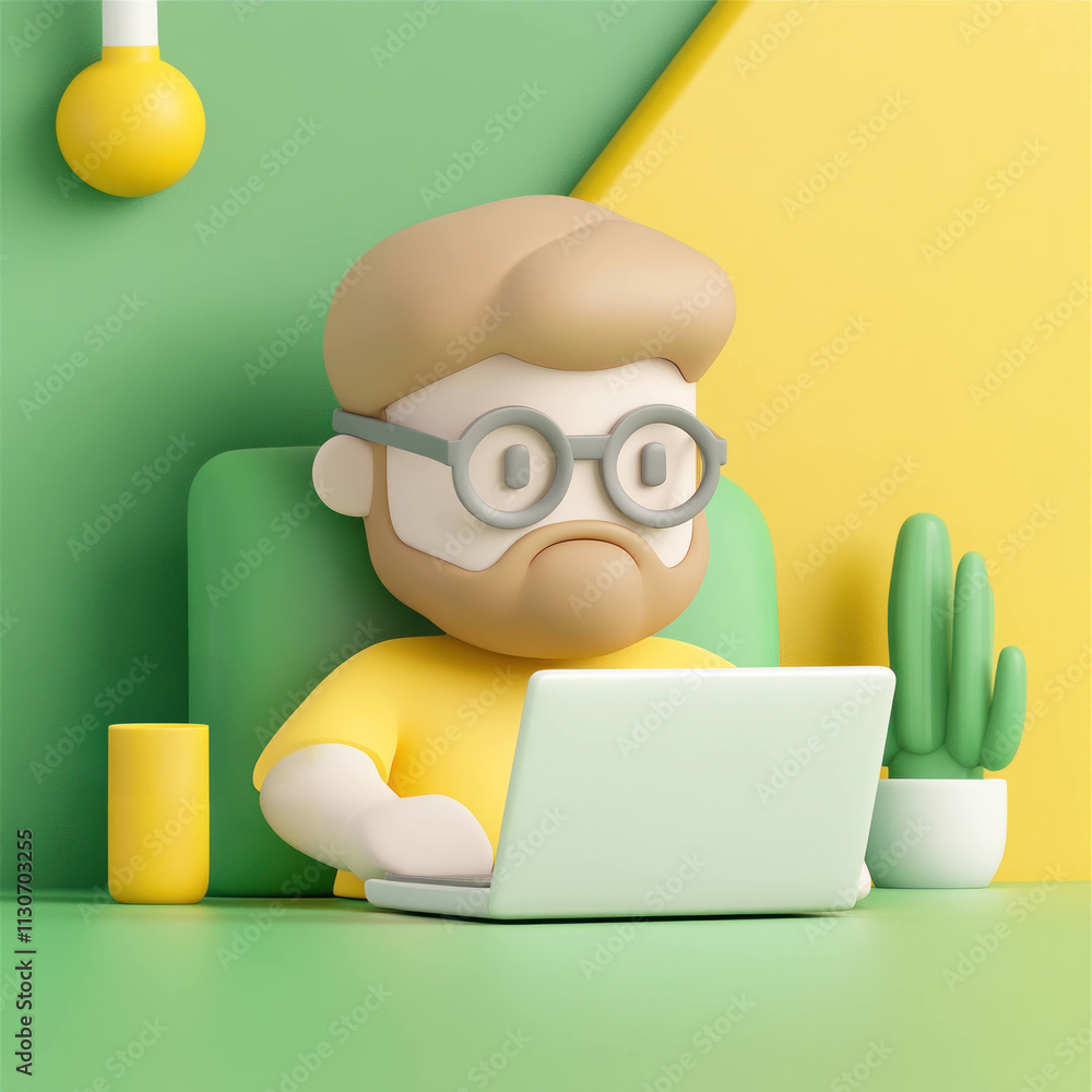Poster man working on laptop in colorful workspace