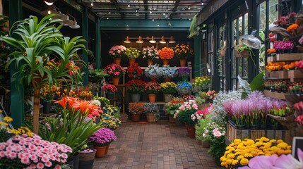 Petal Paradise: Bright and colorful outdoor bouquet store, surrounded by lush greenery 