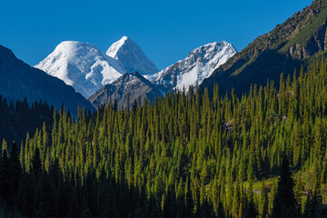 View of the Khan Tengri peak in the Northern Tien Shan, the height of which with ice cover is 7010...