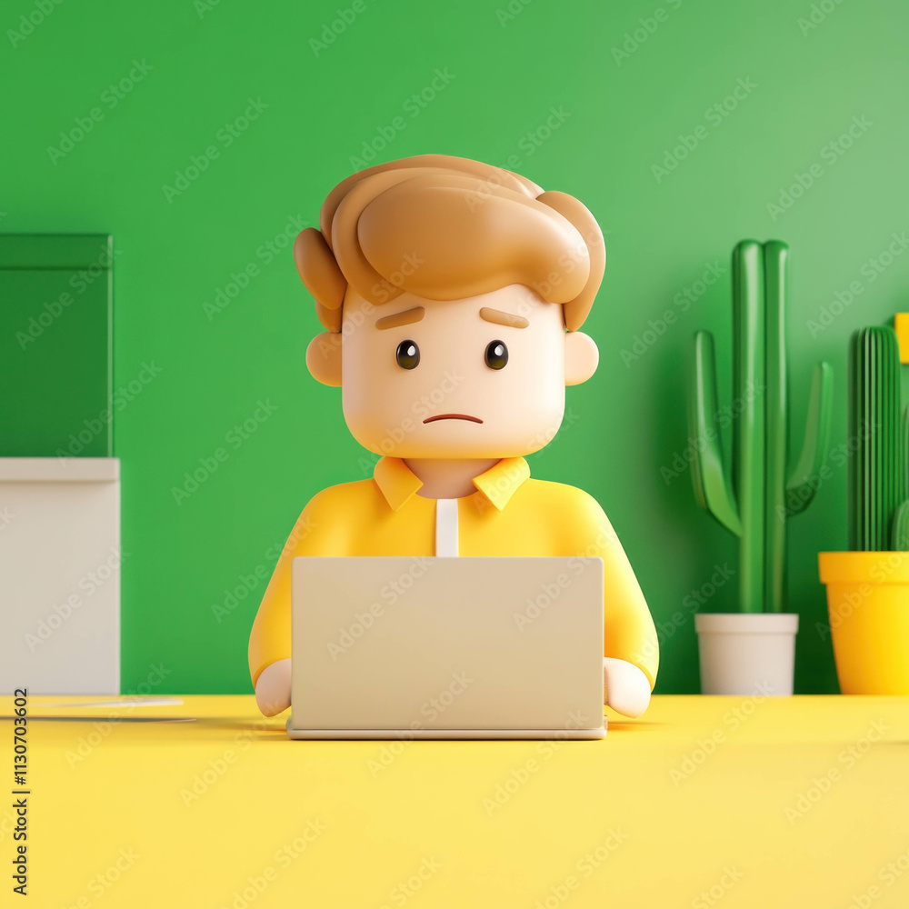 Poster sad office worker using laptop in colorful workspace
