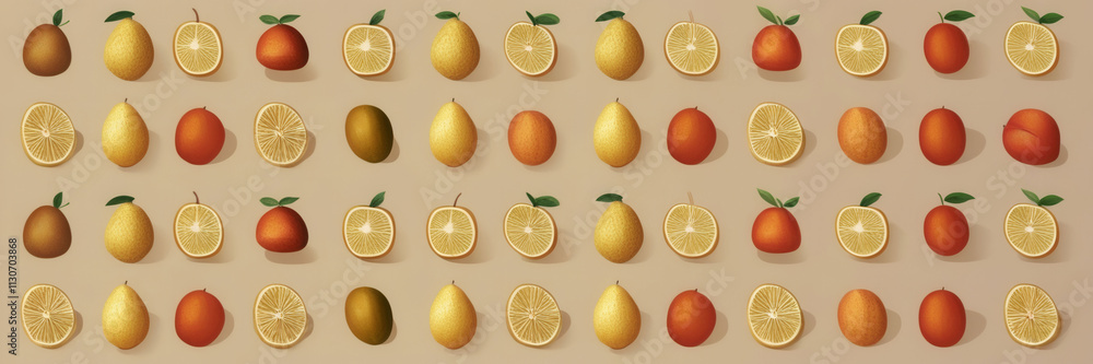 Poster a row of oranges and apples with a brown background. the oranges are in different positions and size