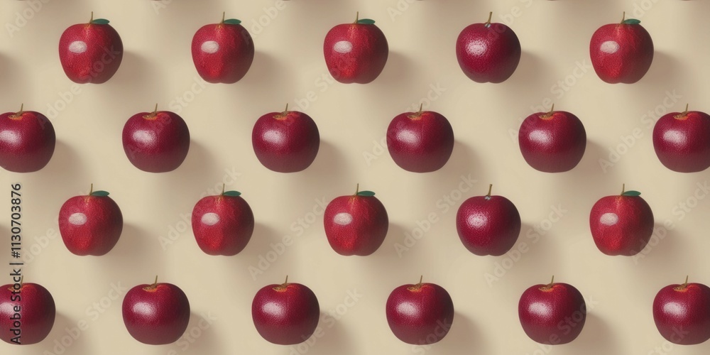 Poster a row of red apples with a shiny, reflective surface. the apples are arranged in a pattern, with som