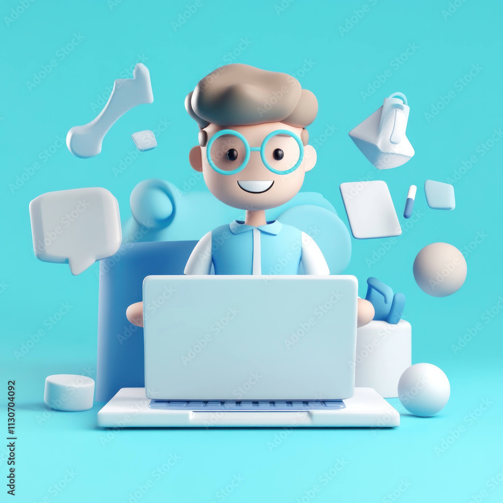 Poster cheerful cartoon character working on laptop with floating icons