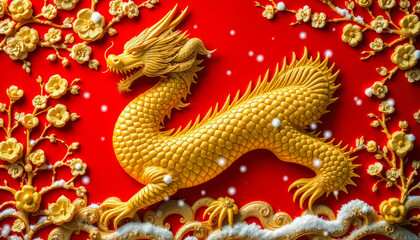 Fototapeta premium A detailed golden dragon depicted on a vibrant red background surrounded by festive ornaments, symbolizing prosperity and cultural richness.