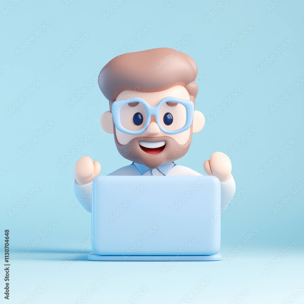 Poster cheerful man working on laptop in minimalist setting