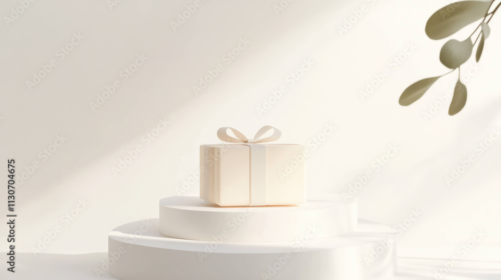 Poster gift box on white platforms with soft shadows and minimal design
