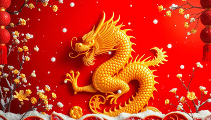 Fototapeta premium A detailed golden dragon depicted on a vibrant red background surrounded by festive ornaments, symbolizing prosperity and cultural richness.