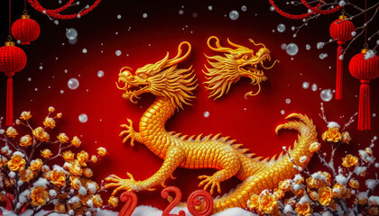 Fototapeta premium A detailed golden dragon depicted on a vibrant red background surrounded by festive ornaments, symbolizing prosperity and cultural richness.