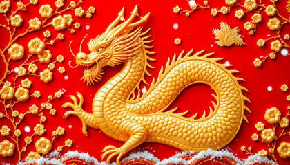 Obraz premium A detailed golden dragon depicted on a vibrant red background surrounded by festive ornaments, symbolizing prosperity and cultural richness.